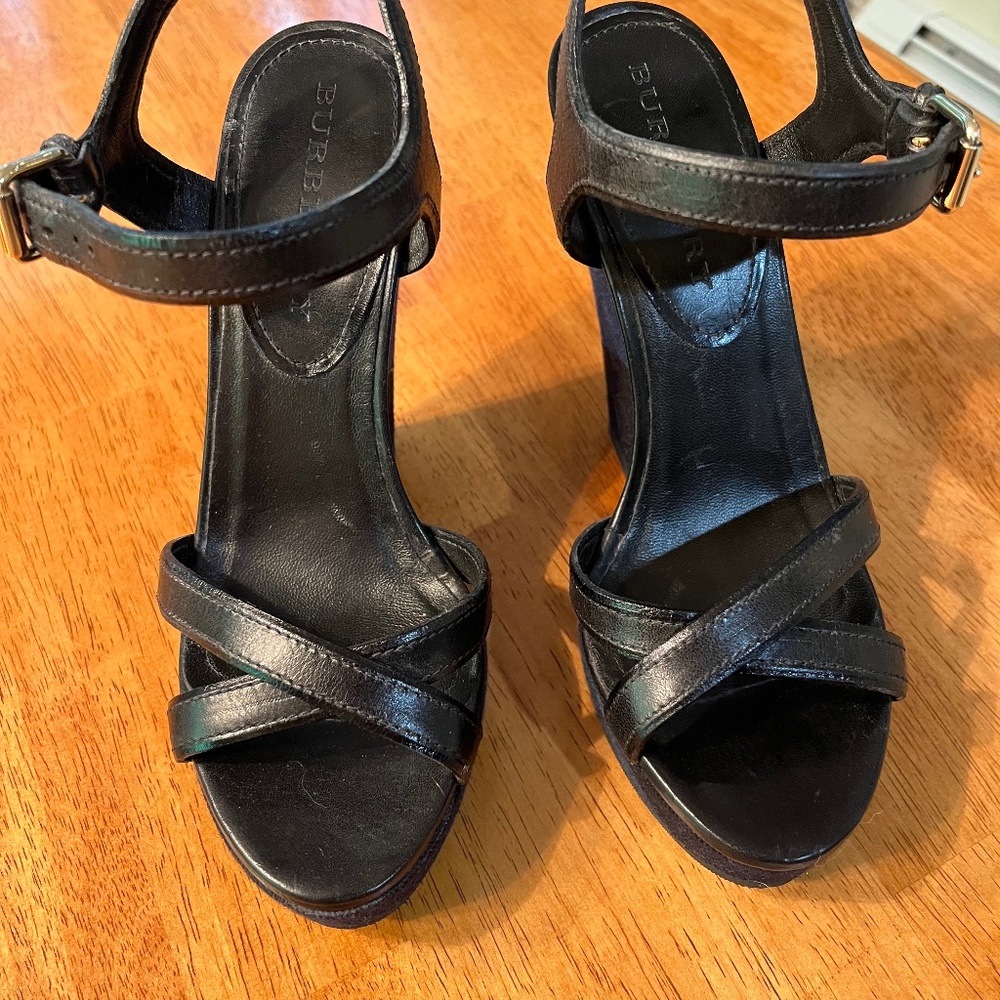 Burberry platform wedge black leather heeled sandals